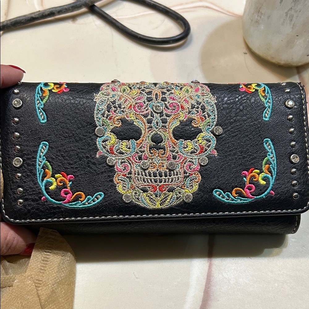 Montana West Black Wallet with Colorful Skull Embroidery